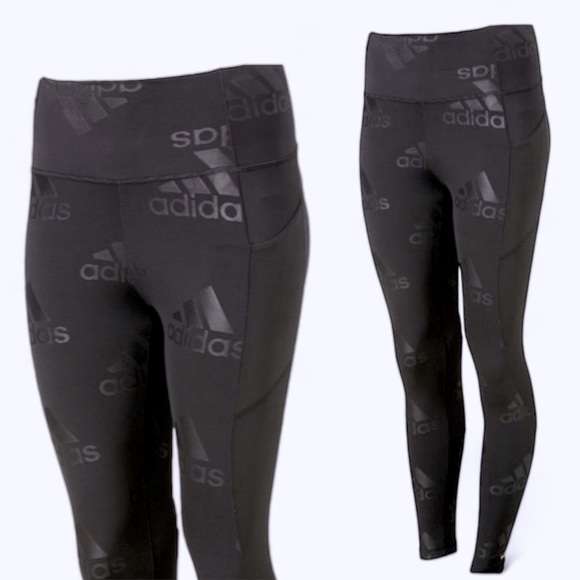 Adidas Women’s Believe This 2.0 Black Signature Printed Leggings Large Dark Goth - Picture 1 of 16